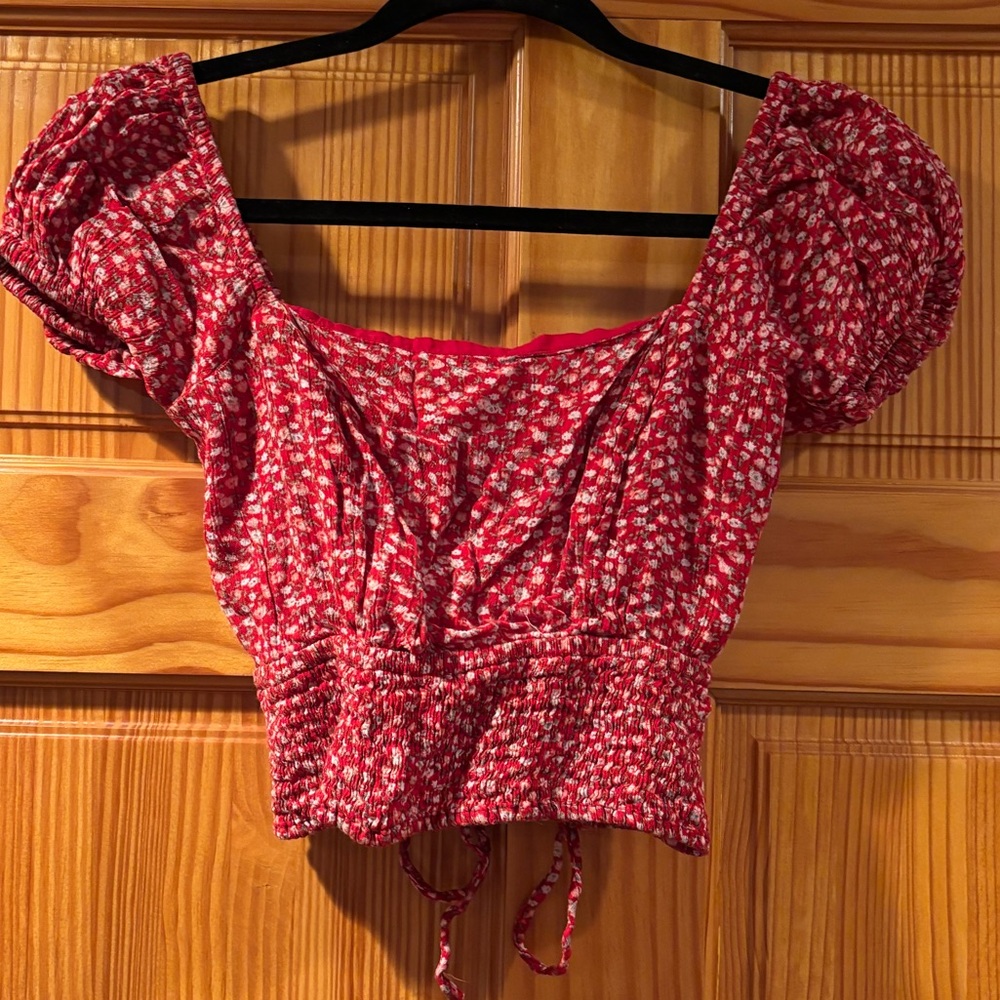 Sim & Sam Red flower corset back crop top, elastic in sleeves
